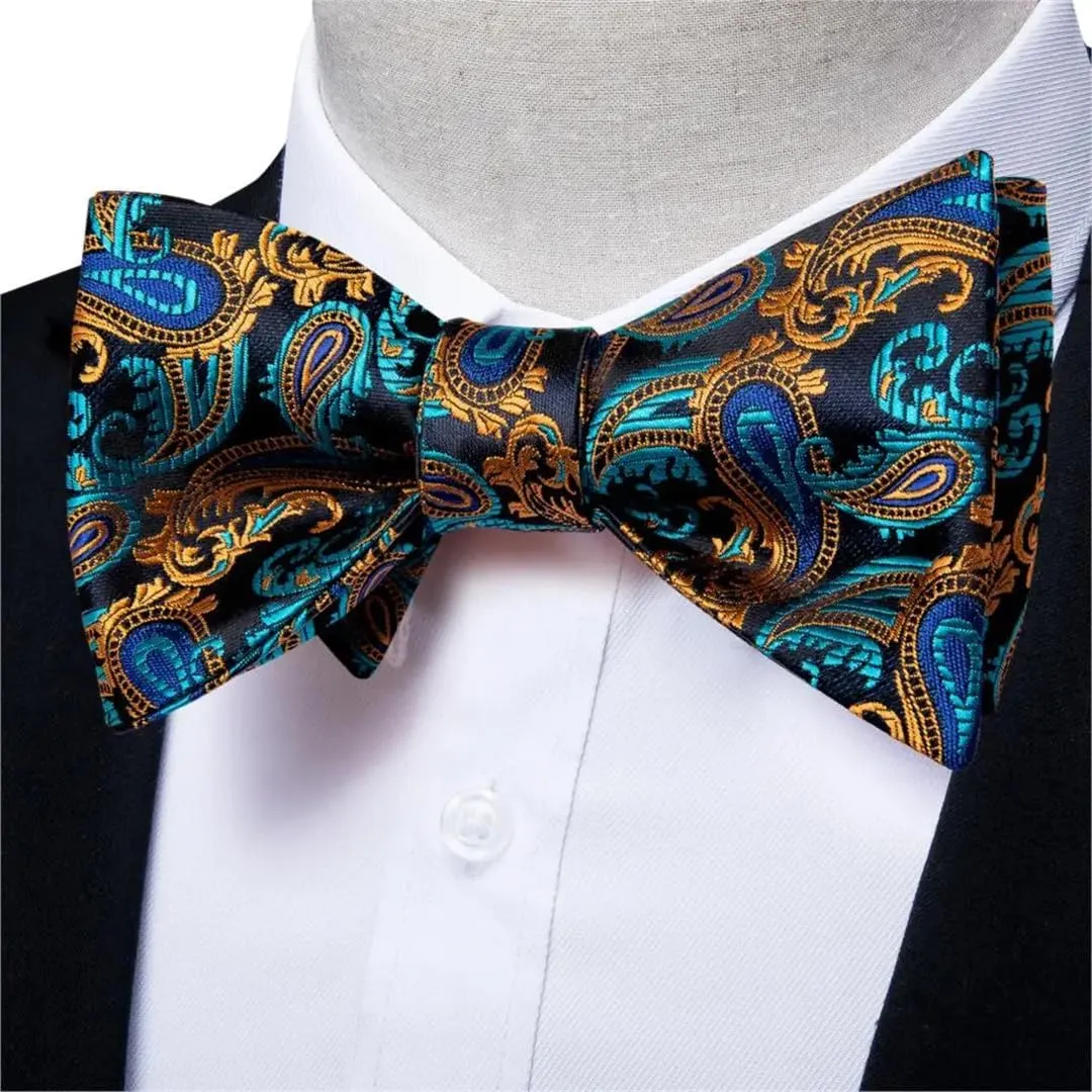Adjustable Men's Silk Bowties Formal Self Bow Tie Men Paisley Wedding Bow Tie Handkerchief Cufflinks Set Tuxedo Bow
