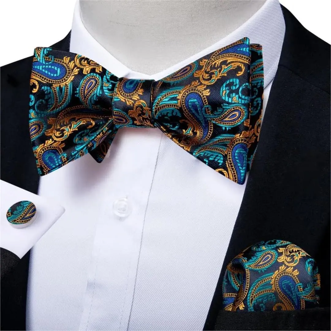 Adjustable Men's Silk Bowties Formal Self Bow Tie Men Paisley Wedding Bow Tie Handkerchief Cufflinks Set Tuxedo Bow