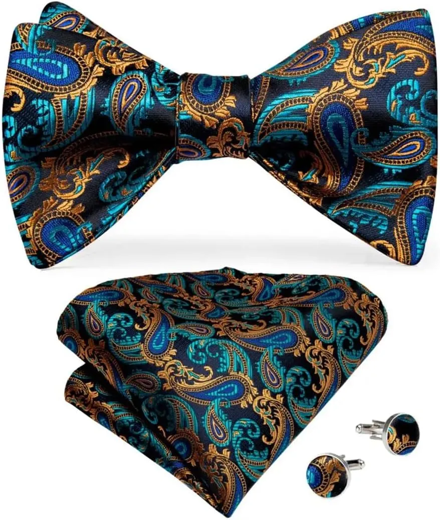 Adjustable Men's Silk Bowties Formal Self Bow Tie Men Paisley Wedding Bow Tie Handkerchief Cufflinks Set Tuxedo Bow