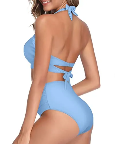 Adjustable Self-Tie Halter Neck Bikini Sets For Women-Light Blue