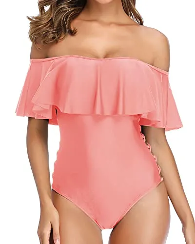 Adjustable Shoulder Spaghetti Straps Ruffle Swimsuits For Women-Coral Pink