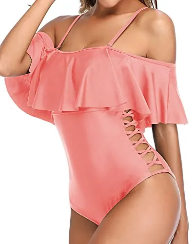 Adjustable Shoulder Spaghetti Straps Ruffle Swimsuits For Women-Coral Pink