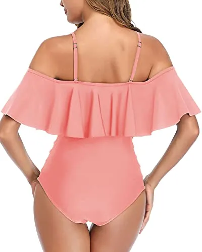 Adjustable Shoulder Spaghetti Straps Ruffle Swimsuits For Women-Coral Pink