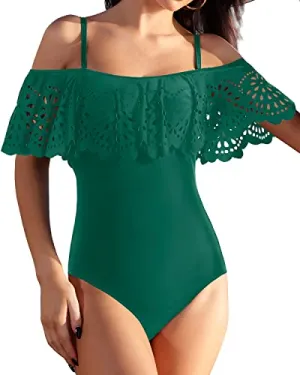 Adjustable Shoulder Spaghetti Straps Ruffle Swimwear For Teen Girls-Emerald Green