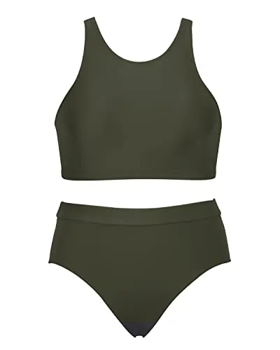 Adjustable Strap Crop Top Swimsuit 2 Piece Bathing Suits For Teen Girls-Army Green