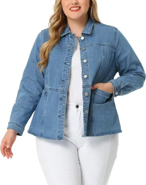 Agnes Orinda Plus Size Women's Denim Jackets Long Sleeves Front Washed Button With Pockets Jean Jacket