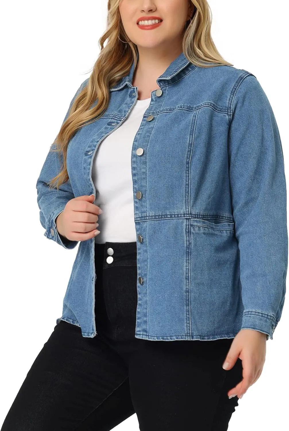 Agnes Orinda Plus Size Women's Denim Jackets Long Sleeves Front Washed Button With Pockets Jean Jacket