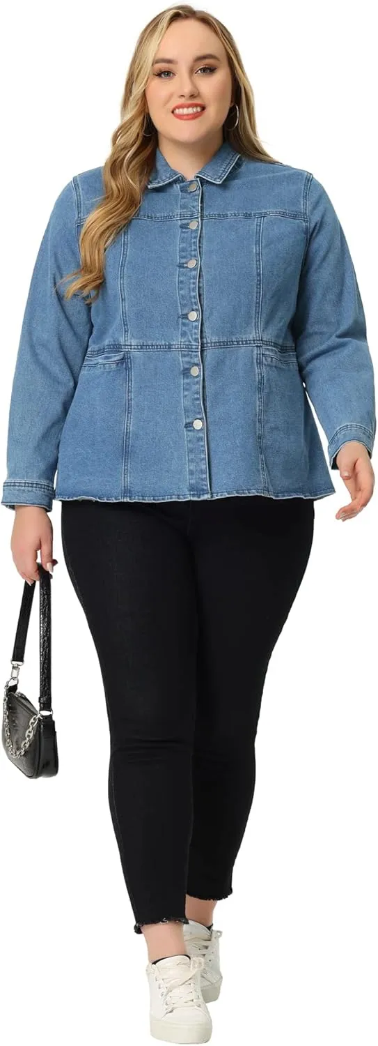 Agnes Orinda Plus Size Women's Denim Jackets Long Sleeves Front Washed Button With Pockets Jean Jacket