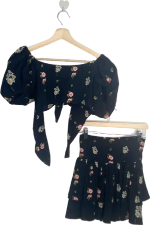 Agua Bendita Black Floral Crop Top and Skirt Set UK 8
