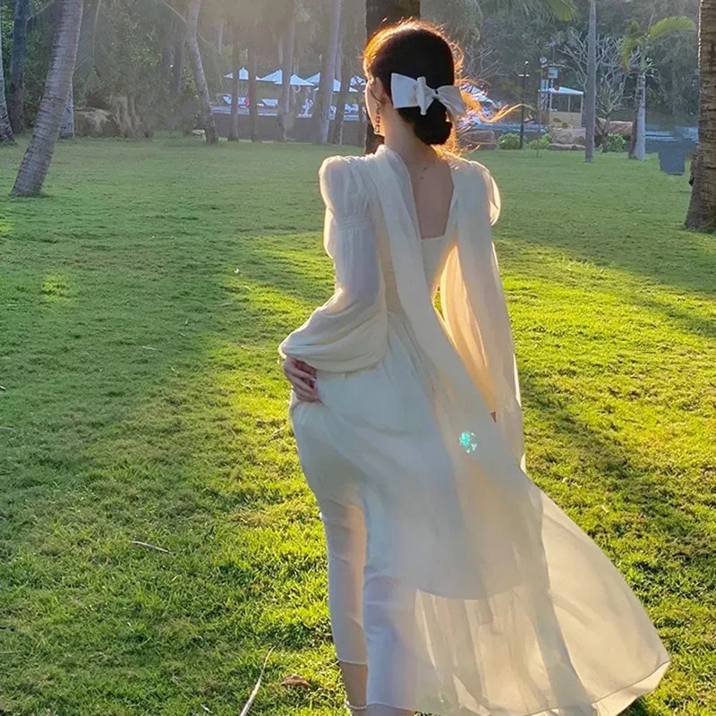 Aiertu French White Chiffon Maxi Dresses for Women Elegant Sleeve Slim Puff Sleeve bodycon Dress Gentle Fairy Short Dress Summer