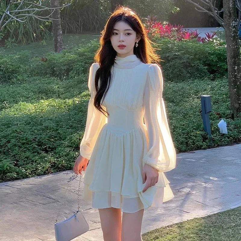 Aiertu French White Chiffon Maxi Dresses for Women Elegant Sleeve Slim Puff Sleeve bodycon Dress Gentle Fairy Short Dress Summer