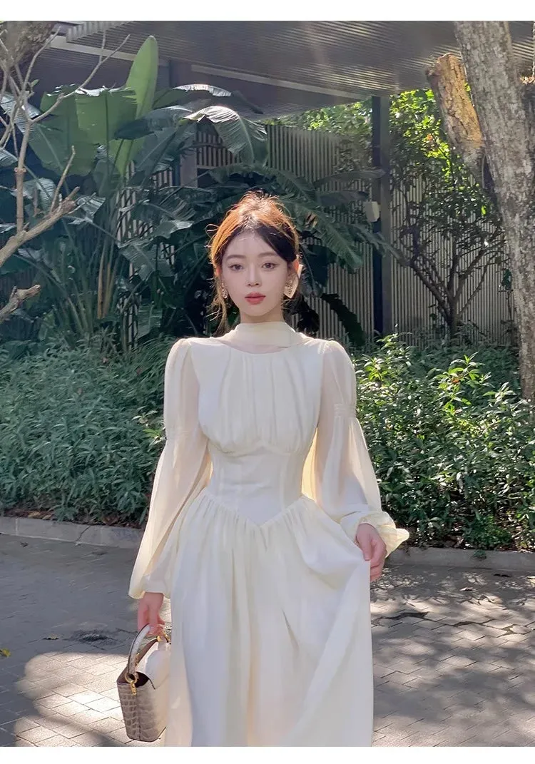 Aiertu French White Chiffon Maxi Dresses for Women Elegant Sleeve Slim Puff Sleeve bodycon Dress Gentle Fairy Short Dress Summer
