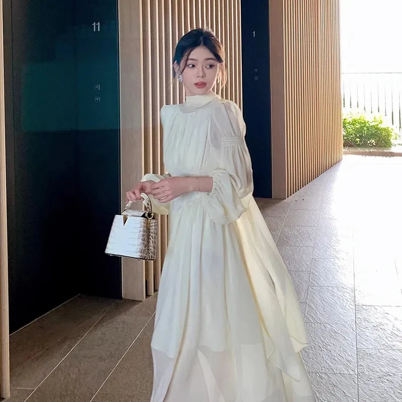 Aiertu French White Chiffon Maxi Dresses for Women Elegant Sleeve Slim Puff Sleeve bodycon Dress Gentle Fairy Short Dress Summer