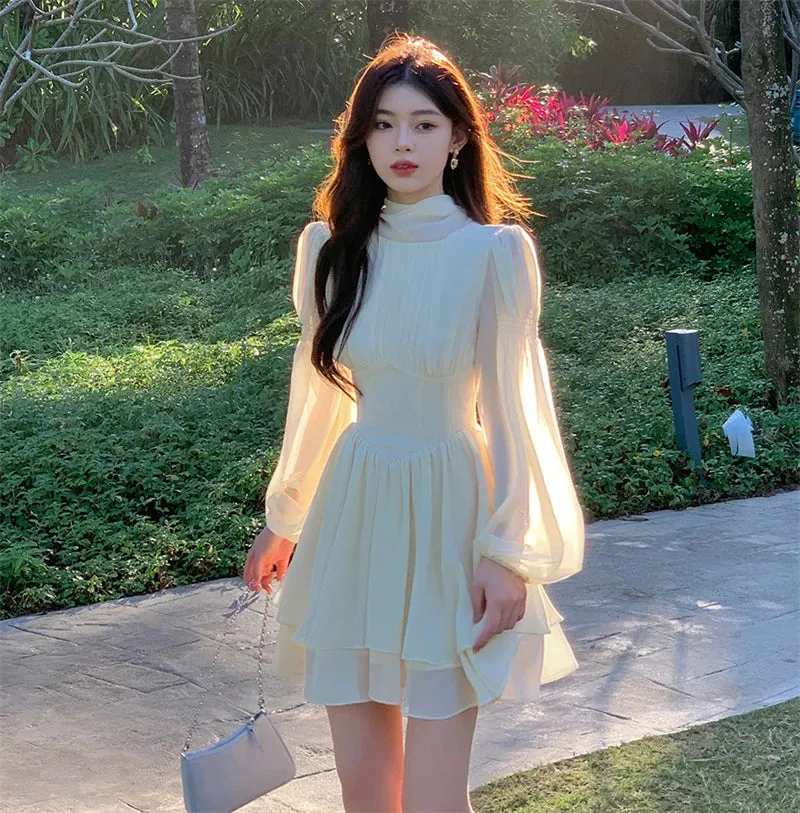 Aiertu French White Chiffon Maxi Dresses for Women Elegant Sleeve Slim Puff Sleeve bodycon Dress Gentle Fairy Short Dress Summer