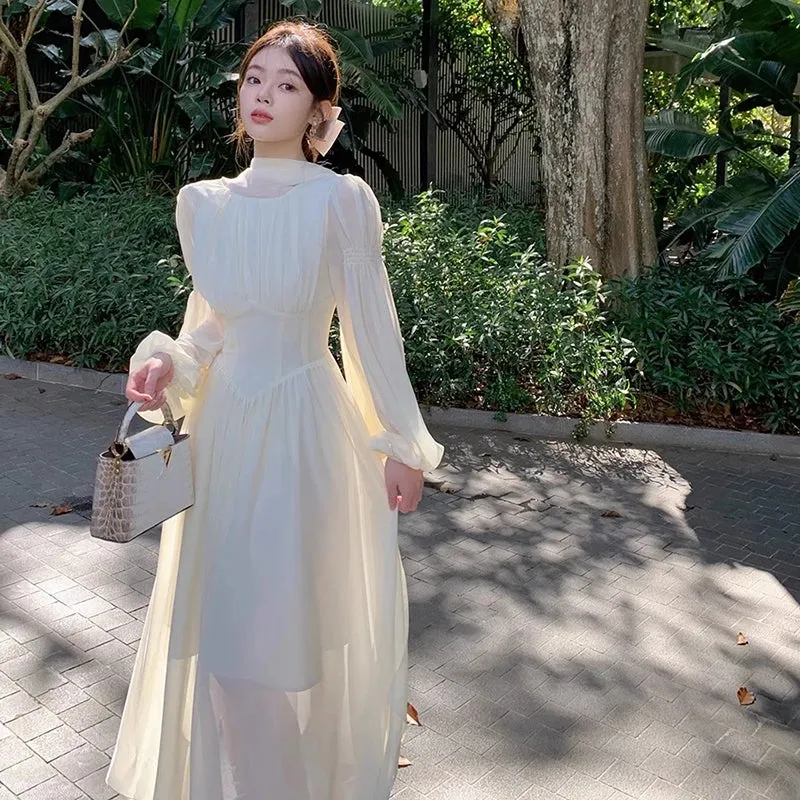 Aiertu French White Chiffon Maxi Dresses for Women Elegant Sleeve Slim Puff Sleeve bodycon Dress Gentle Fairy Short Dress Summer