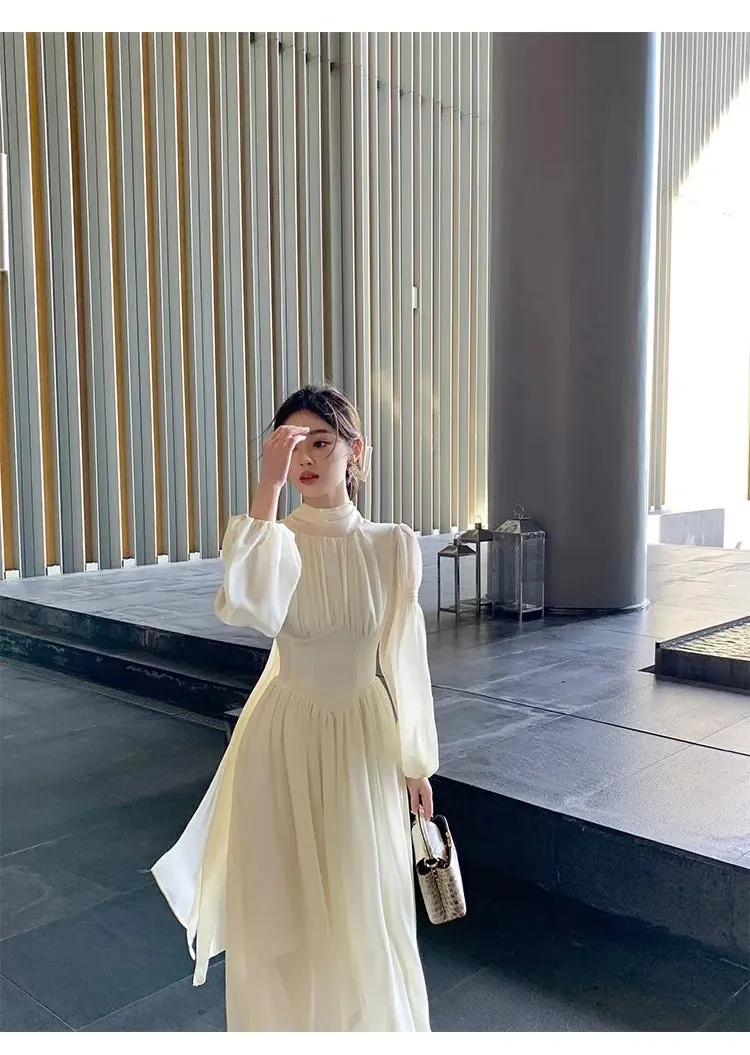 Aiertu French White Chiffon Maxi Dresses for Women Elegant Sleeve Slim Puff Sleeve bodycon Dress Gentle Fairy Short Dress Summer