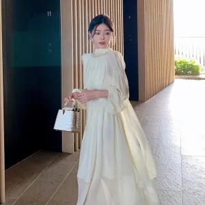 Aiertu French White Chiffon Maxi Dresses for Women Elegant Sleeve Slim Puff Sleeve bodycon Dress Gentle Fairy Short Dress Summer