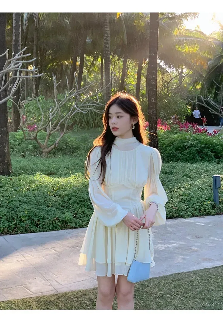 Aiertu French White Chiffon Maxi Dresses for Women Elegant Sleeve Slim Puff Sleeve bodycon Dress Gentle Fairy Short Dress Summer
