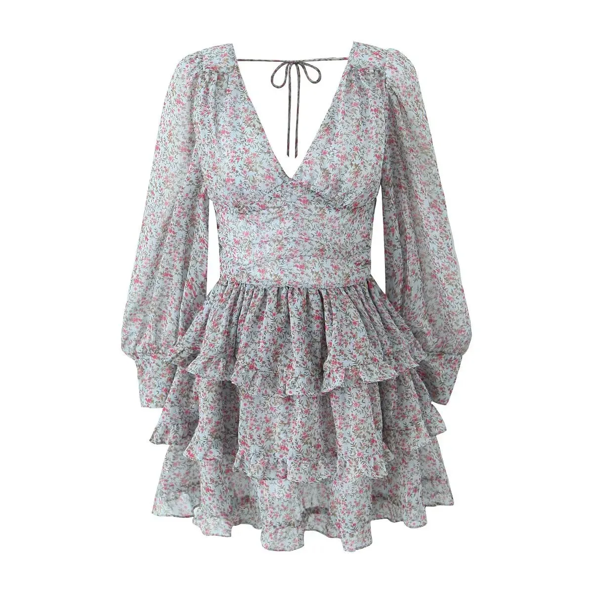Aiertu  Spring 2024 Women Sexy Backless Floral Print Dress Puff Sleeve V Neck Layered Ruffle Cake Mini Dresses Holiday Party Robe