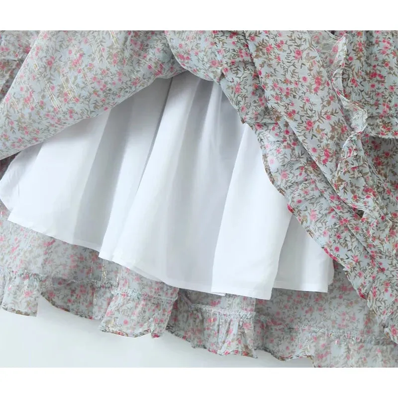 Aiertu  Spring 2024 Women Sexy Backless Floral Print Dress Puff Sleeve V Neck Layered Ruffle Cake Mini Dresses Holiday Party Robe