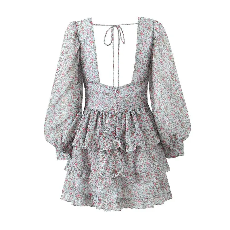 Aiertu  Spring 2024 Women Sexy Backless Floral Print Dress Puff Sleeve V Neck Layered Ruffle Cake Mini Dresses Holiday Party Robe