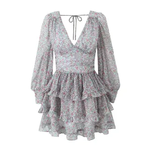 Aiertu  Spring 2024 Women Sexy Backless Floral Print Dress Puff Sleeve V Neck Layered Ruffle Cake Mini Dresses Holiday Party Robe