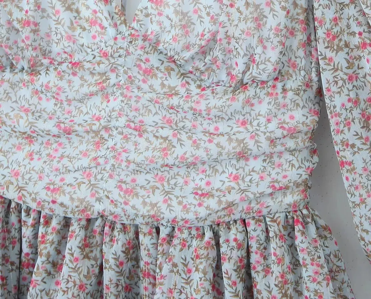 Aiertu  Spring 2024 Women Sexy Backless Floral Print Dress Puff Sleeve V Neck Layered Ruffle Cake Mini Dresses Holiday Party Robe