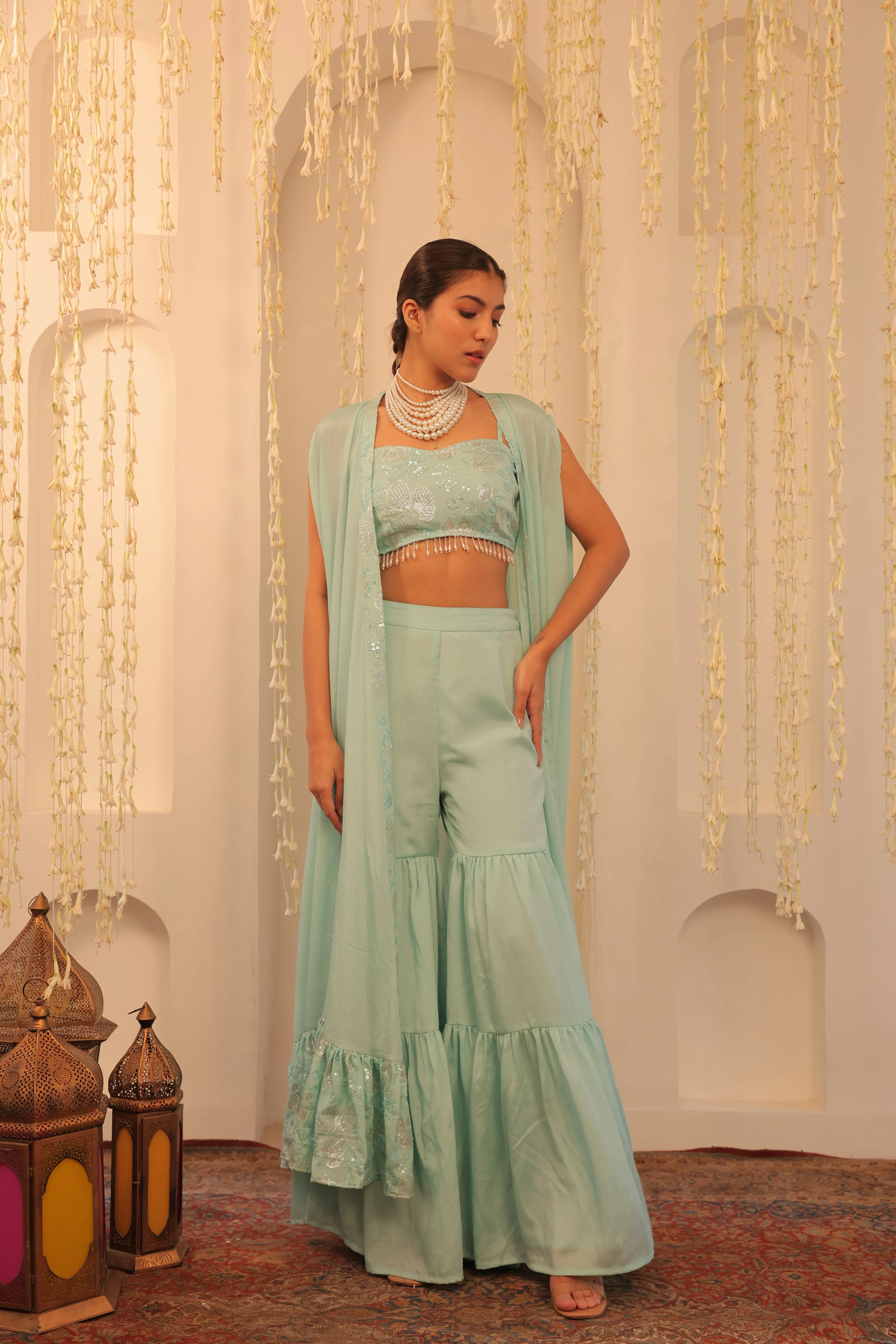 Alaya Mehfil Glacier Blue Overlay Set