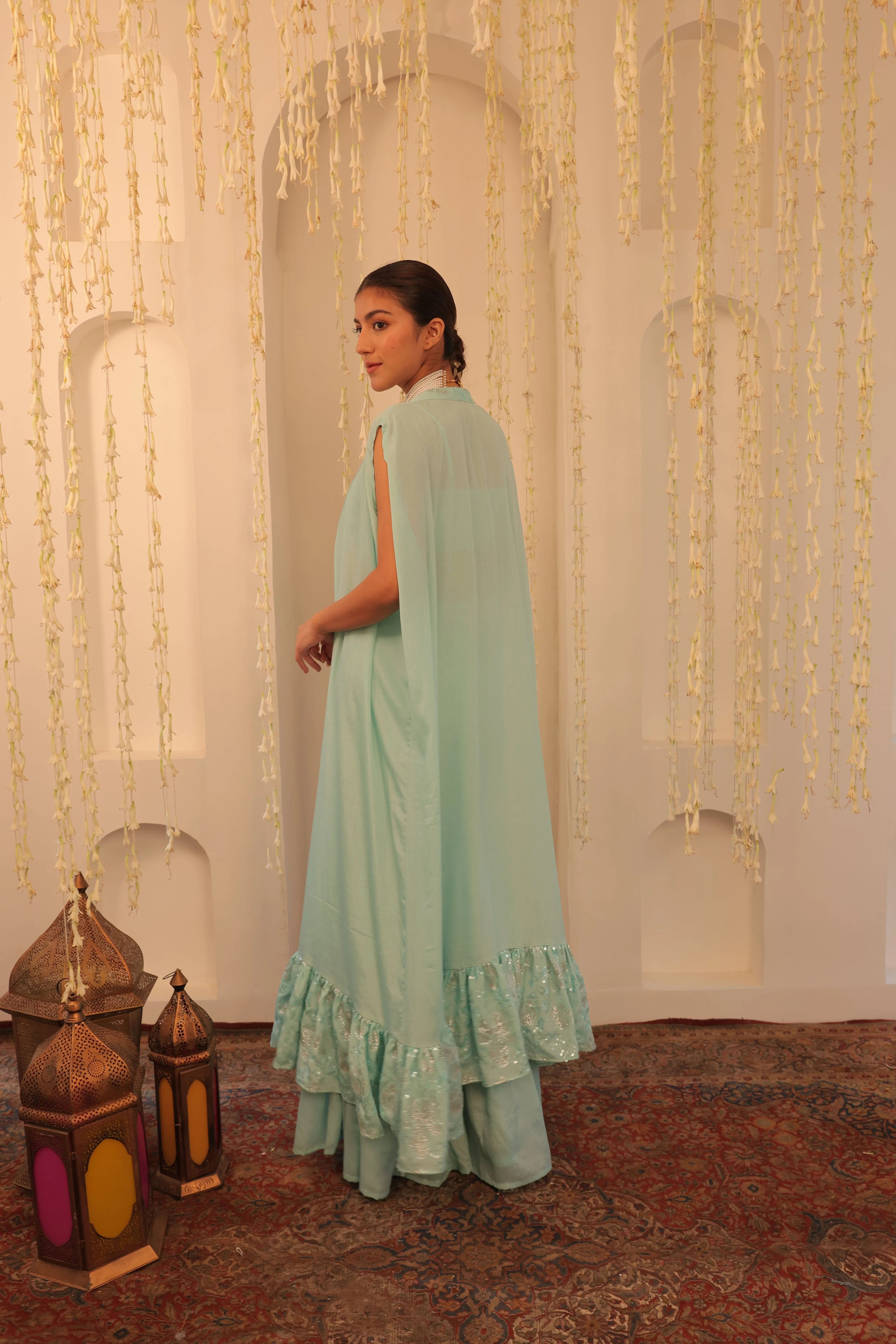 Alaya Mehfil Glacier Blue Overlay Set