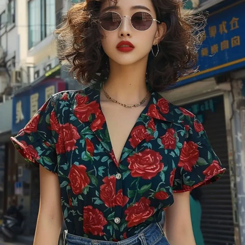 Alice – Vintage Floral V-Neck Turn-Down Collar Blouse