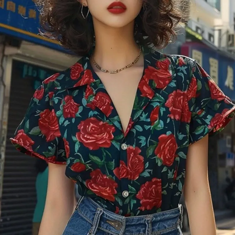 Alice – Vintage Floral V-Neck Turn-Down Collar Blouse