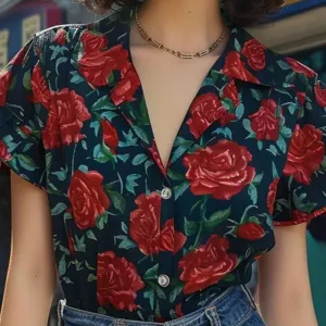 Alice – Vintage Floral V-Neck Turn-Down Collar Blouse