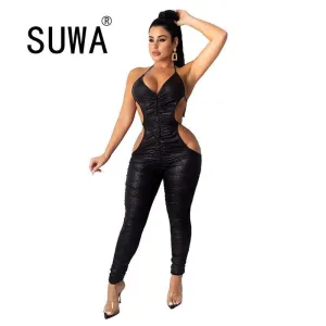 All Black Trendy Chic Sexy Romper Jumpsuits Womens Spaghetti Strap