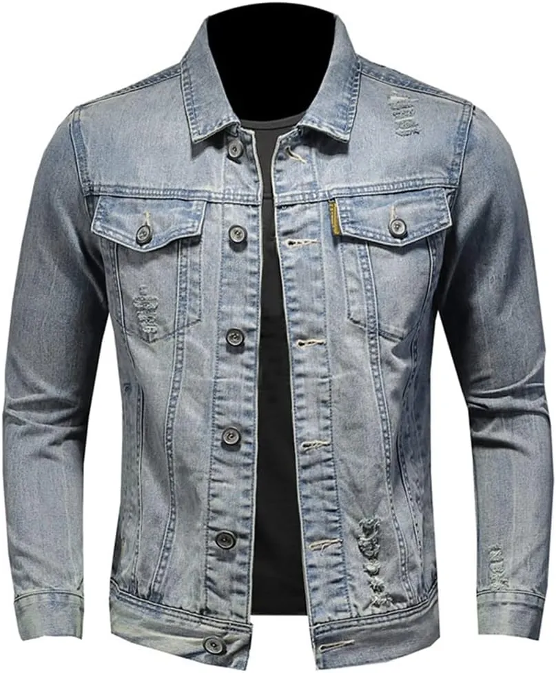 Alloaone Men Denim Jackets Slim Fits Jean Denim Jacket Patchwork Zipper