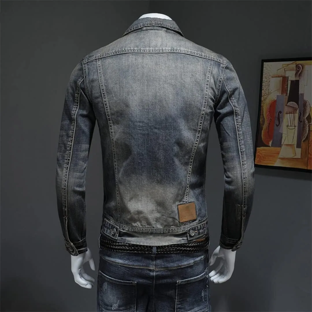 Alloaone Men Denim Jackets Slim Fits Jean Denim Jacket Patchwork Zipper