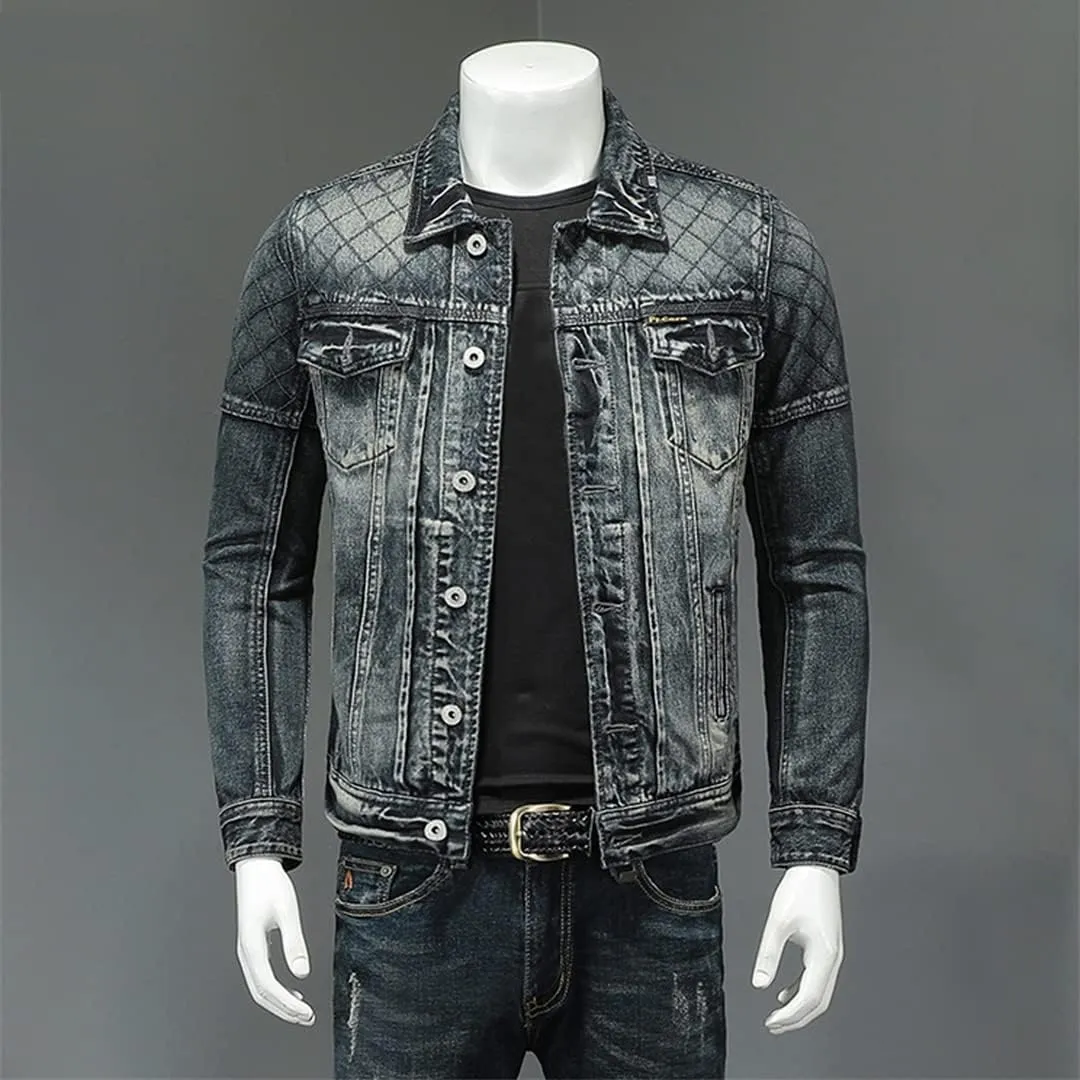 Alloaone Men Denim Jackets Slim Fits Jean Denim Jacket Patchwork Zipper