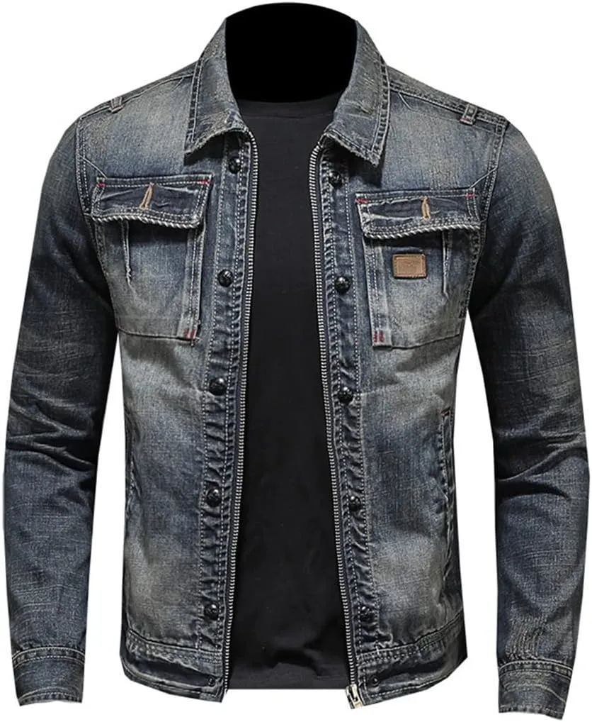 Alloaone Men Denim Jackets Slim Fits Jean Denim Jacket Patchwork Zipper