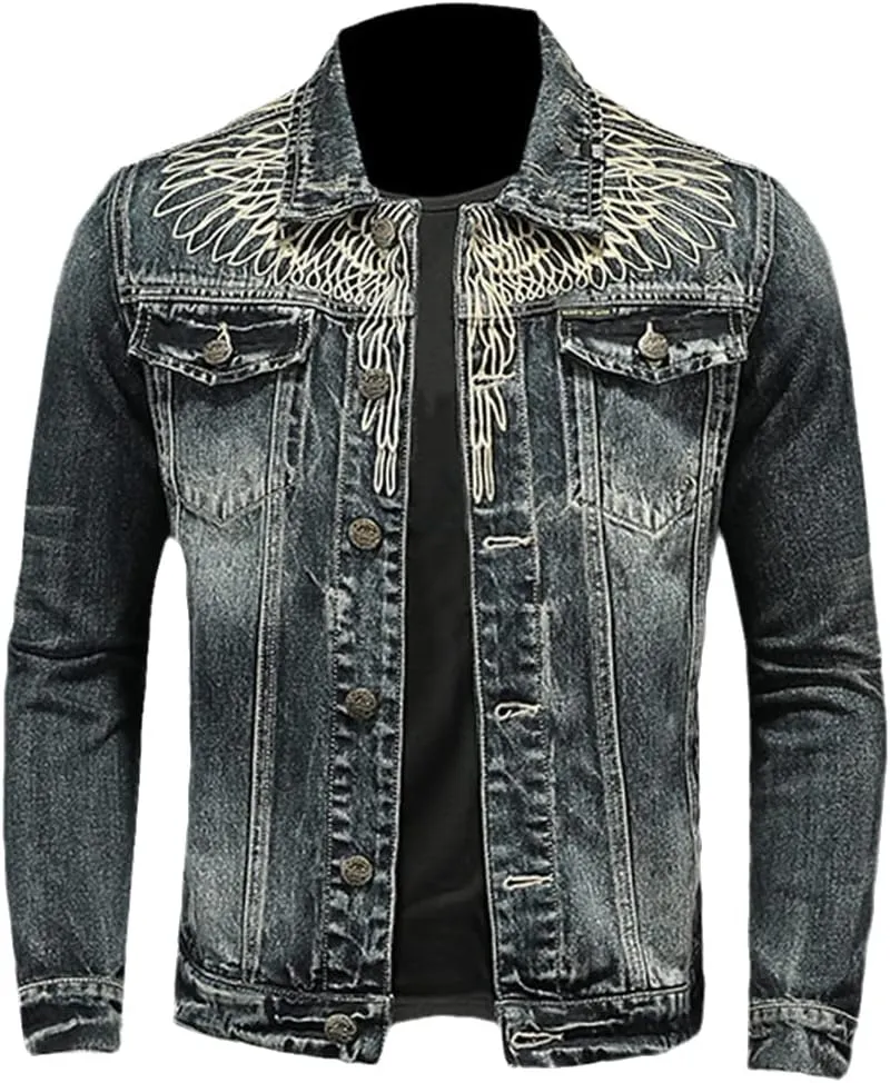 Alloaone Men Denim Jackets Slim Fits Jean Denim Jacket Patchwork Zipper