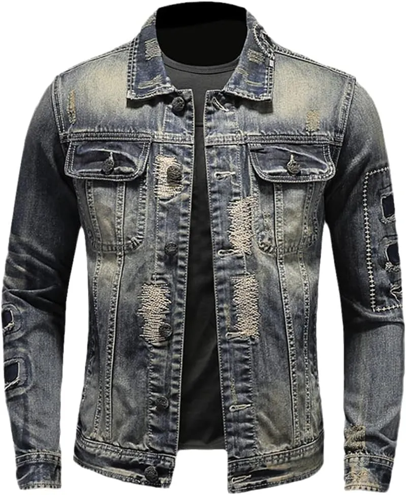 Alloaone Men Denim Jackets Slim Fits Jean Denim Jacket Patchwork Zipper