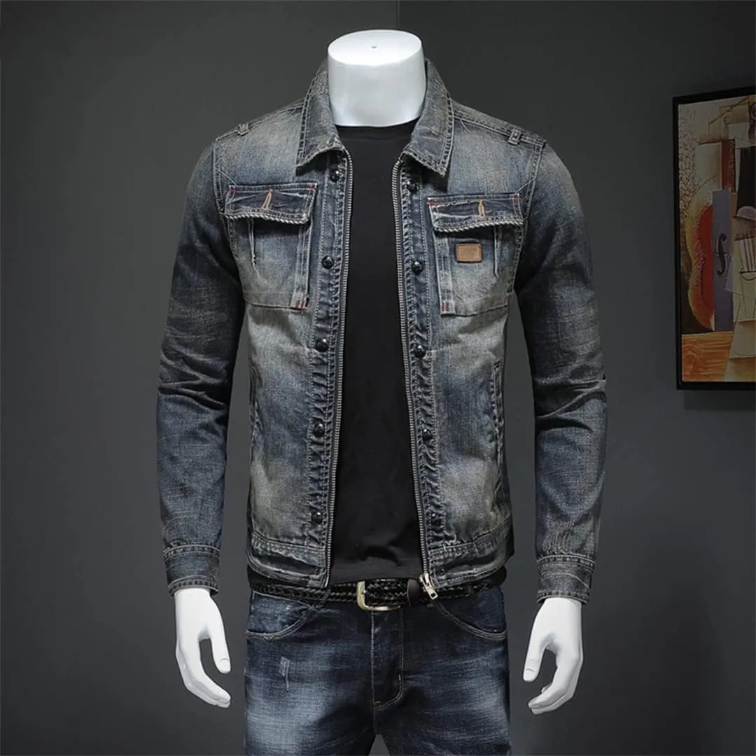 Alloaone Men Denim Jackets Slim Fits Jean Denim Jacket Patchwork Zipper