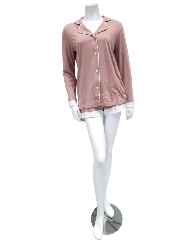 AMOBD9645 Mandorla/Ivory Bella Long Sleeve PJ's Boxer Set