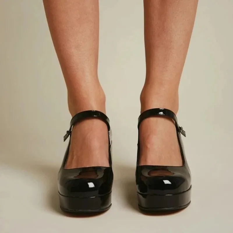 Amozae--2024  Women's Mary Janes Shoes Lacquered Leather One Buckle Ladies Pumps Round Toe Black Mid Heels Chic Females Single Shoes