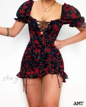 Amy Fashion - Vintage Floral Puff Sleeve Short Ruffles Dress