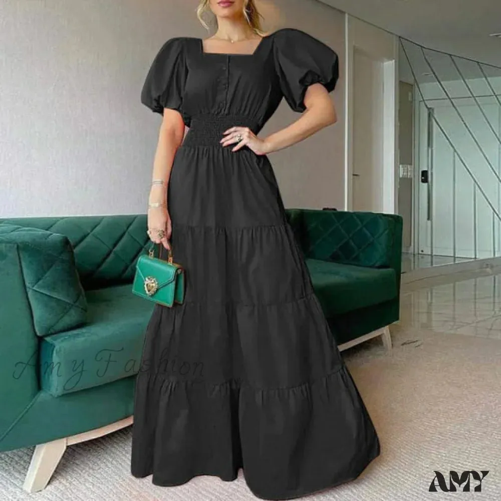 Amy Fashion - Vintage Puff Sleeve Party Maxi Dress