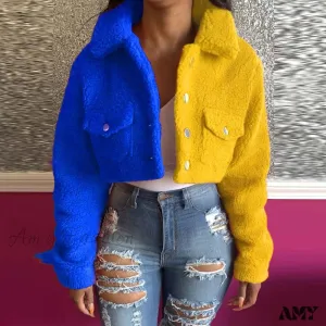 Amy Fashion - Yellow Blue Color Block Spliced Crop Jackets