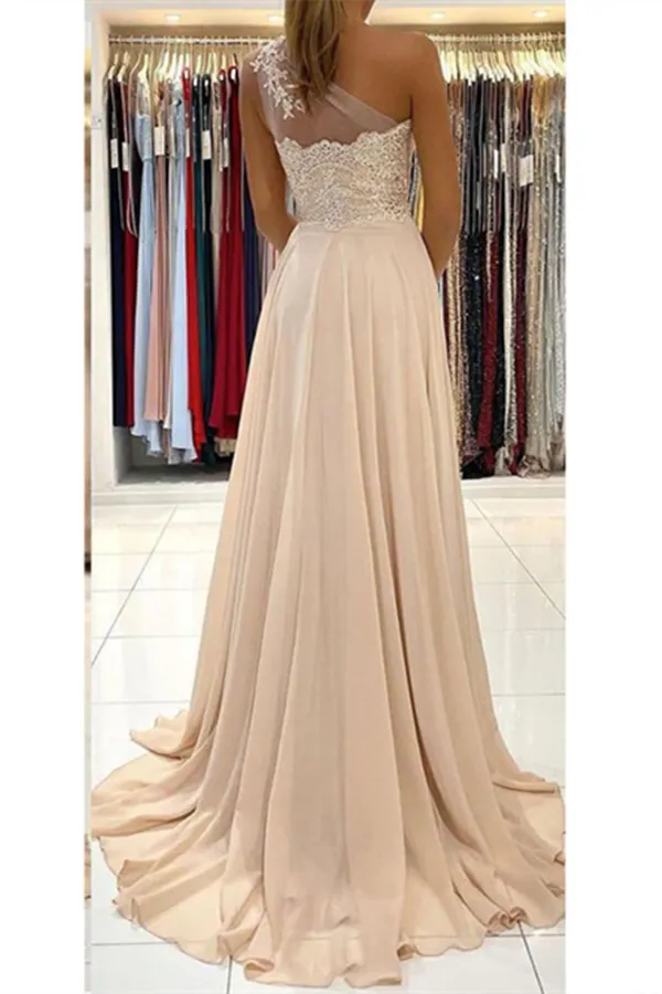 Anneprom Chic A line One Shoulder Long Prom Dress Lace Evening Dress With Split APP0618