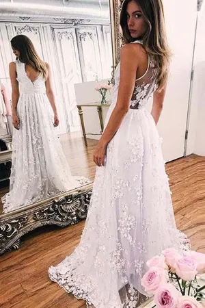 Anneprom Sweep-Train A-Line White Lace V-Neck Prom Dress Evening Dress APP0171