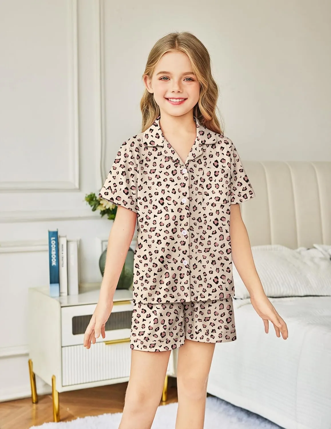 Arshiner Girls Pajamas Sets Short Sleeve Kids Pjs Button Down Sleepwear