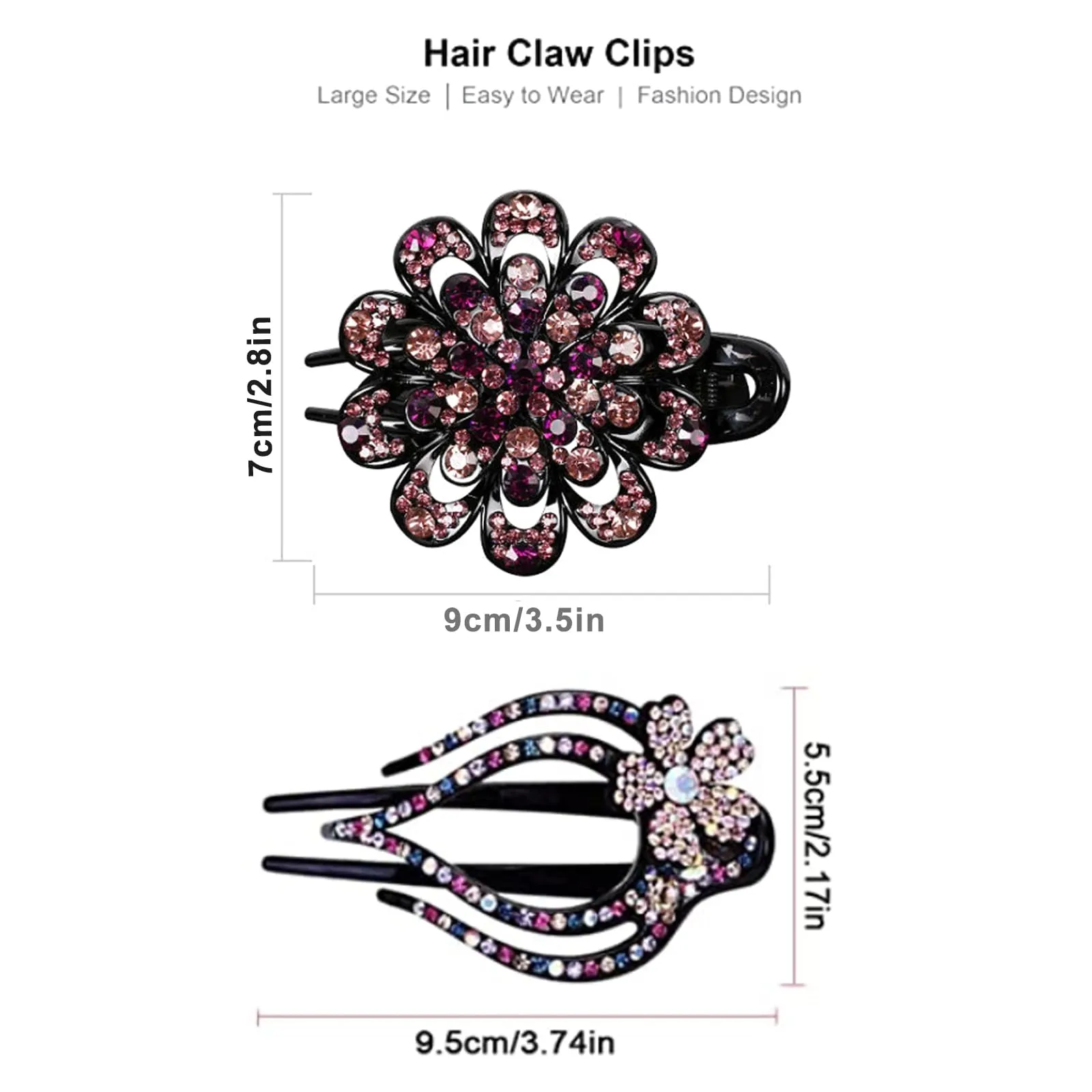 AsggBah 3pcs Hair Clips Heart Style Flower Style Duckbill Clips with Rhinestones Headdresses for Women Diamond Hair Clips with Flower Rhinestone Barrettes (White Colored   Purple)