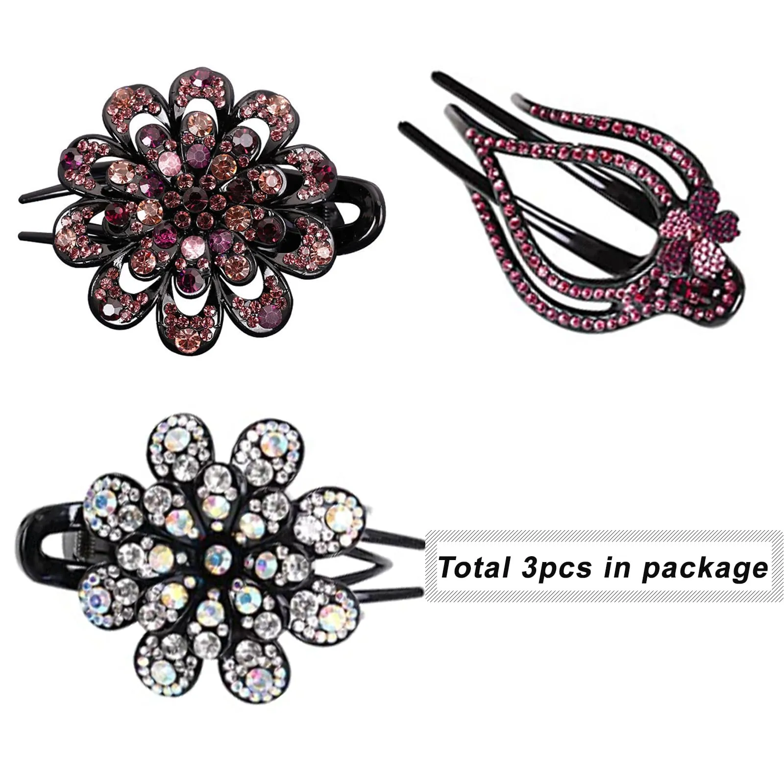 AsggBah 3pcs Hair Clips Heart Style Flower Style Duckbill Clips with Rhinestones Headdresses for Women Diamond Hair Clips with Flower Rhinestone Barrettes (White Colored   Purple)